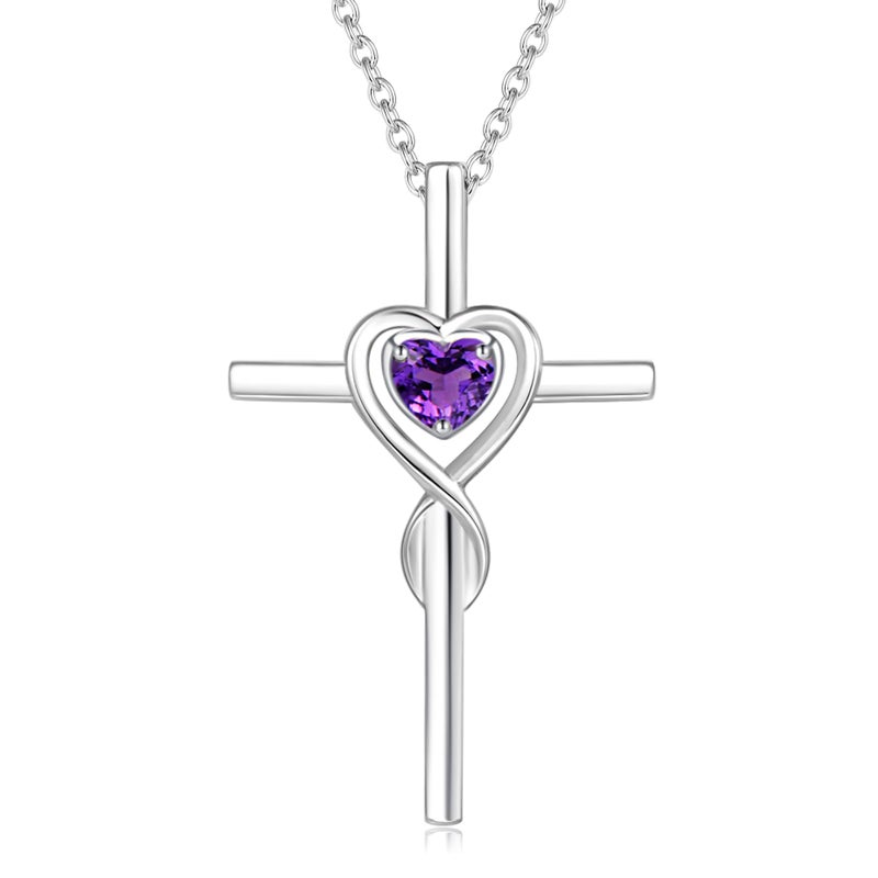 FANCIME Amethyst Cross Necklace For Women Sterling Silver February Birthstone Necklace Amethyst Heart Infinity Cross Pendant Fine Jewelry Gifts for Women - Image 1